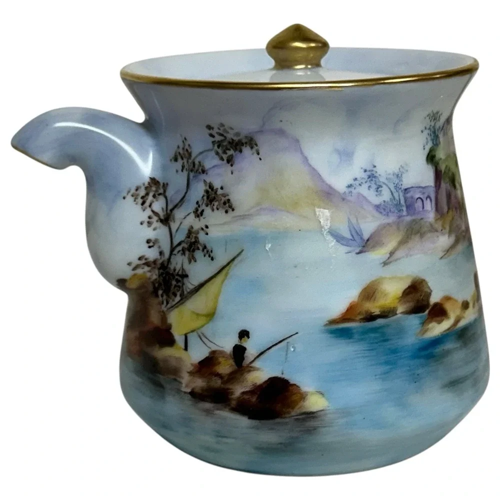 Kyusu‎ Japanese Teapot Hand Painted Signed Sansui Porcelain Fisherman Fuji VTG